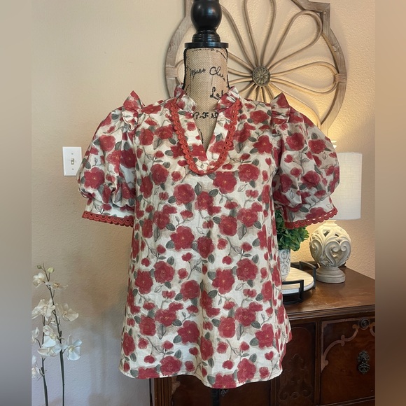 ENTRO Floral Puff Sleeve Embroidered Detail Women's Top - Picture 13 of 13